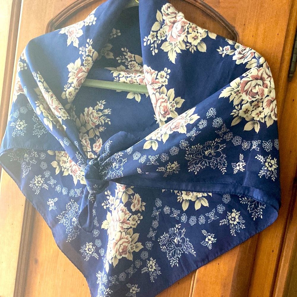 LAST CALL - Navy, rose scarf with neutral cream.  34” square - Picture 4 of 8